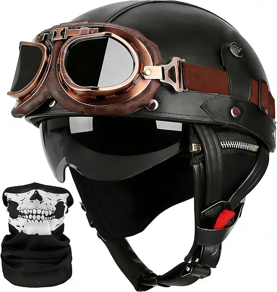 German Style Motorcycle Helmets, Retro Leather Half Helmet, DOT Approved Adult Men Women Vintage Half Face Helmet, with Goggles, for Moped Bike Cruiser Scooter Chopper (Black, L)