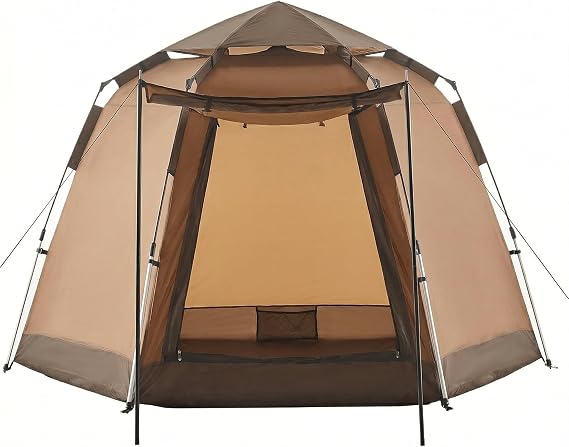 TUKAILAI Instant Camping Tent, Hexagonal Design Automatic Dome Tent with 4 Mesh Windows and 1 Door, Easy Setup Pop Up Tent with Vestibule & Rainfly
