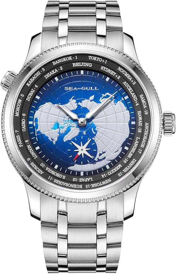 SEA-GULL Automatic Mechanical Men's Watch, 41mm GMT World Time with Sub Second Dial, 5ATM Waterproof Luminous Wristwatch, 6202