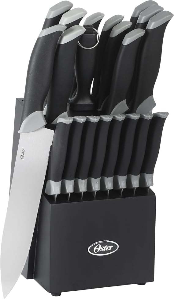 Oster Lindbergh 22 Piece High Carbon Stainless Steel Cutlery Kitchen Knife Block Set w/Black Knife Block - Black Handle - Cuchillos Para Cocina