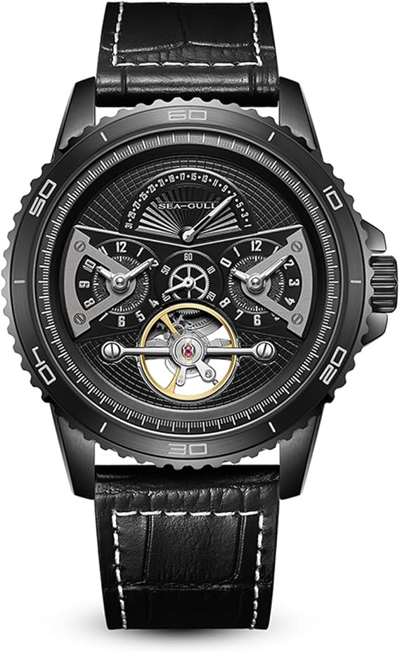 SEA-GULL Men's Mechanical Watch Automatic Watch Mens Retrograde Calendar Flywheel Watch Seagull ST2573,6171H, white, Strap