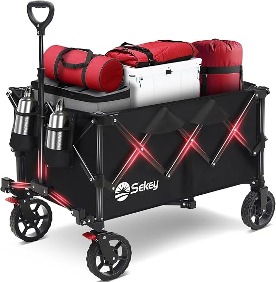 Sekey Collapsible Foldable Wagon with 300lbs Weight Capacity, Heavy Duty Folding Wagon Cart with Big All-Terrain Wheels & Drink Holders.Black