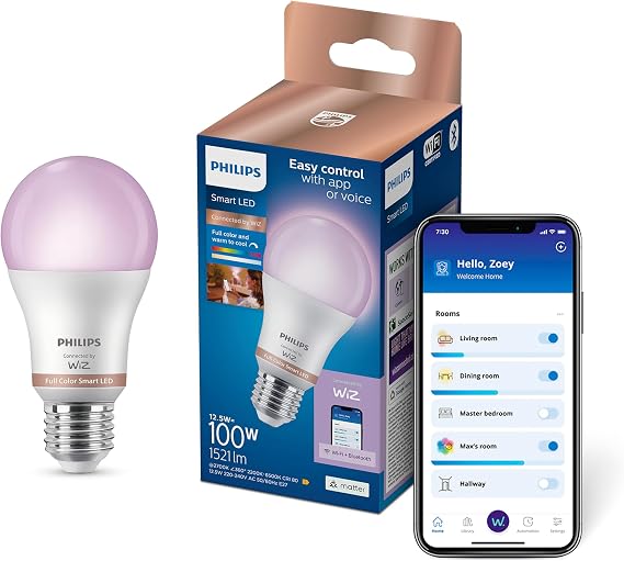 Philips Smart Lighting LED Ampul A60 E27 100W Eşdeğer RGB - Google Home, Alexa, HomeKit ve Matter uyumlu [Enerji Sınıfı E]
