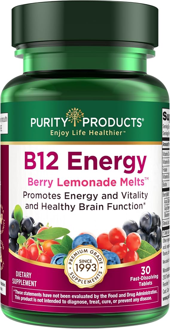 Purity Products B-12 Energy Berry Lemonade Melt w/Super Fruits Methylcobalamin B12 - Vitamins B6, D3, Folic Acid and Biotin - High Absorption MecobalActive B 12-30 Melting Tablets