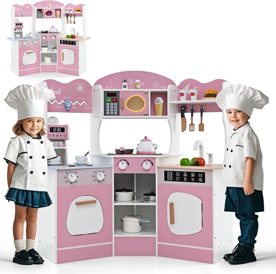 HOMASIS Children's Kitchen with Light & Sound Play Kitchen with 16 Play Accessories Kitchen Set with Coffee Machine Sink Microwave Oven Washing Machine Toy Kitchen Wood Corner Kitchen for Children from 3 Years (Pink)