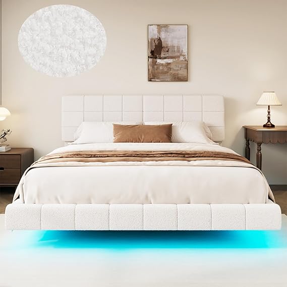 King Floating Bed Frame, Boucle Upholstered Platform Beds Frames with Cloud Headboard, 7 Storage Space & LED Lights Under the Bed for Bedroom No Box Spring Required, Easy Assembly (White, King)