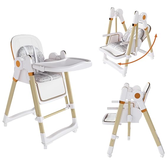 Portable High Chair, 2-in-1 High Chairs for Babies and Toddlers with 5-Point Harness, Foldable Feeding Highchair with Silent Locking Wheels, Removable 2-Tier Tray (White)