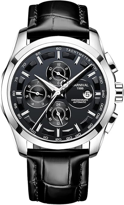 Carnival Black-Toned Stainless Steel Mechanical Watch for Men, Multifunctional with 24-Hour, Month, Date (Magnifier), and Weekday Display, 40mm, Water-Resistant, Genuine Leather Strap