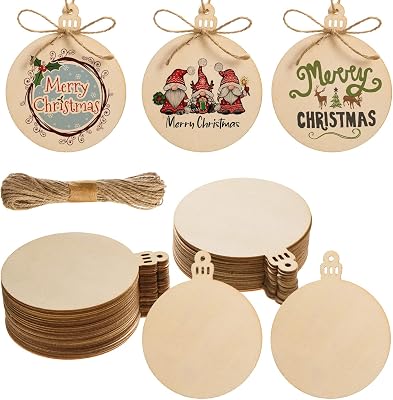 100 Pcs Wooden Christmas Ornaments Unfinished Wooden Circles with Holes Blank Round Wood Discs Slices Wood Christmas Hanging Ornaments with Twine for DIY Crafts Present Tags Xmas Party Decor,4x4.7
