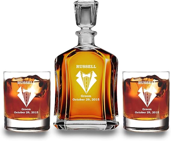 Personalized Whiskey Decanter Set - 23 oz, Clear, Classic, Laser Engraved, Includes 2 Glasses
