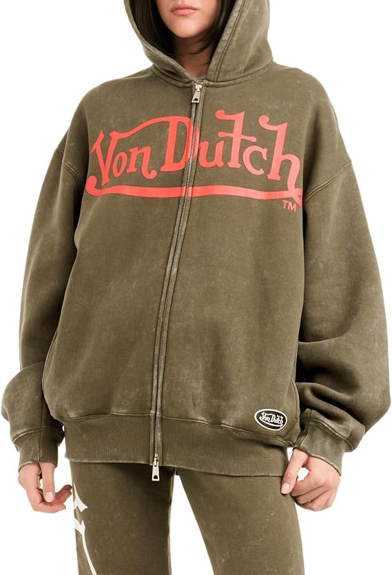 Von Dutch Men's Vintage Washed Zip-Up Hoodie | Y2K Retro Streetwear Graphic Fleece | Fashion Oversized Full Zip Sweatshirt