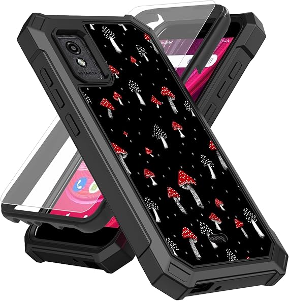 for BLU Studio Mini 2023 Case,for BLU Studio Mini (2023) Phone Case with Screen Protector (Tempered Glass),Slim TPU Rugged Corners Bumper Cover for Men Women-Black Red Mushroom