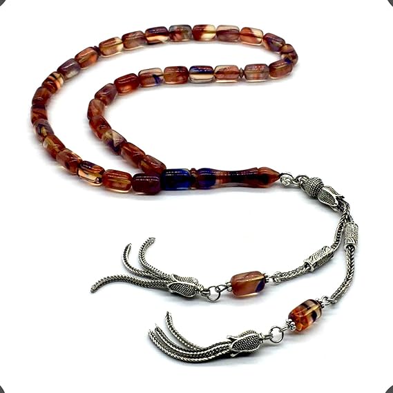 -FIRE Amber Collection- Prayer Beads-Worry Beads-Tesbih-Tasbih-Misbaha-Masbaha-Rosary (Light Brown Wavy Transparent Beads-11x7 mm-33 Cylinder Beads)