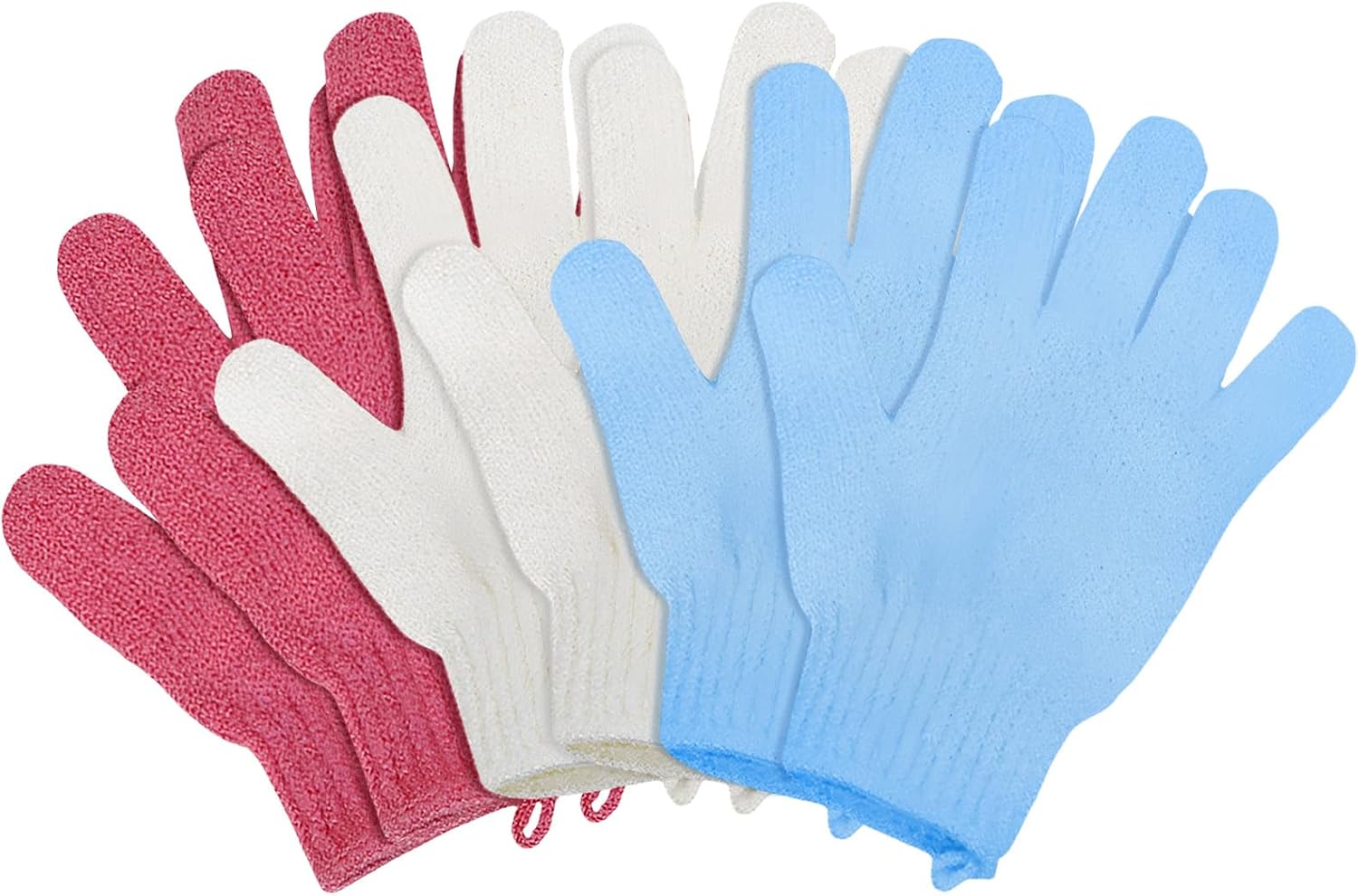6Pcs Exfoliating Gloves - Bamboo Shower Gloves - Bath and Body Exfoliator Mitts - Scrubs Away Ingrown Hair and Dead Skin - for Shower, Spa and Massage Cell Remover Loofah - White, Red, Blue