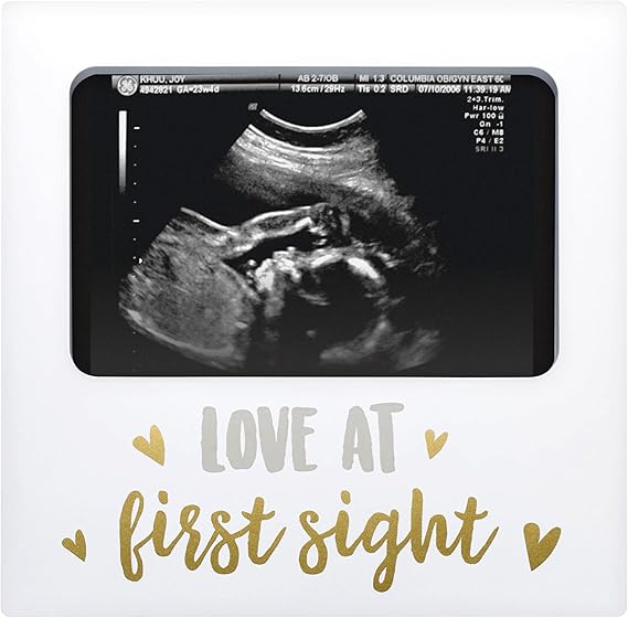 Love at First Sight Sonogram Picture Frame, Gender Neutral Ultrasound Keepsake, Ideal Pregnancy Gift, Baby Shower and Nursery Decor, 4 x6 Photo Insert, Gold, Silver And White