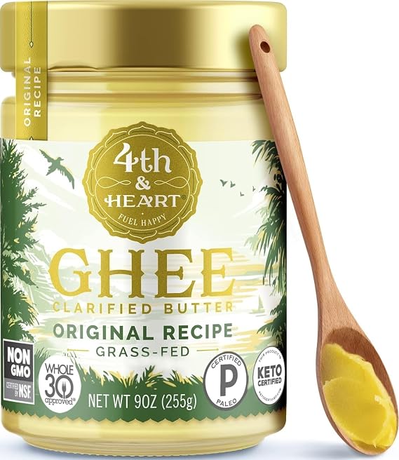 4th & Heart Original Grass Fed Ghee, Clarified Butter, 9 oz. | 100% Butterfat, Pasture-Raised, Supports Gut Health, Lactose & Casein Free, High Smoke Point, Keto & Paleo, Shelf-Stable.