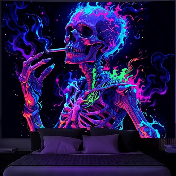 Simpkeely Blacklight Skeleton Tapestry UV Reactive Glow in the Dark Neon Skeleton Wall Hanging, Colorful Skull Art Decor for Bedroom, Living Room, Party - 51.2" x 59.1"