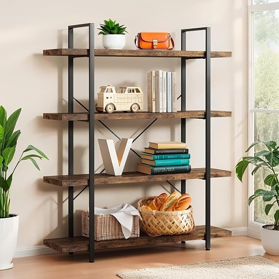 4 Tier Rustic Open Bookshelf,Brown | 47" Wide Wood Bookshelf,120lbs Shelf Capacity,55" Tall,30MM Upgraded Thicken Shelves,Adjustable Feet Pad