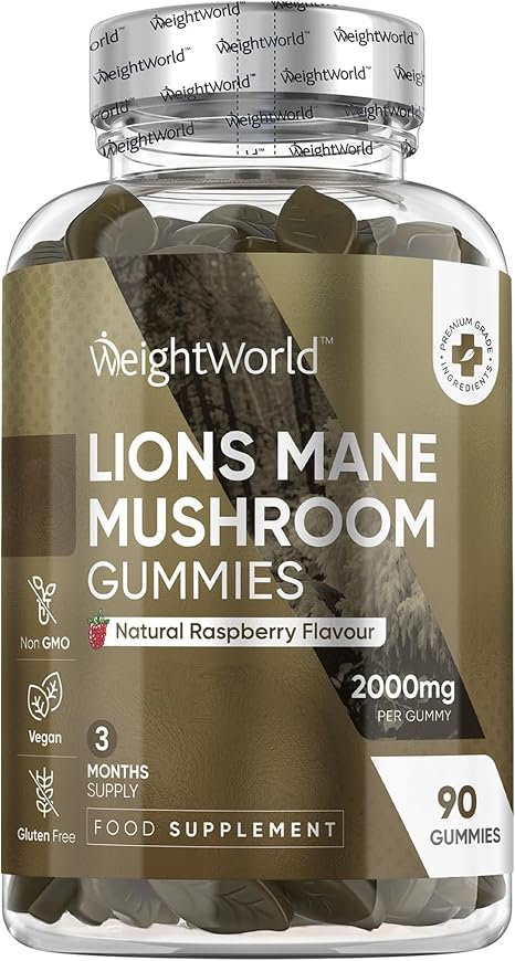 WeightWorld Lion Mane Mushroom 90 Gummy Bears - 2000 mg per Serving With natural raspberry flavour vegan lions mane (Hericium Erinaceus) extract 200 mg (10:1) 3 months supply