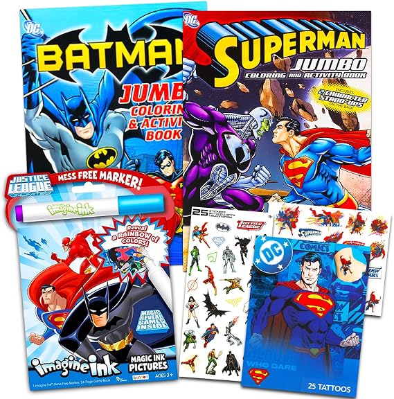 Super Hero Coloring Book Super Set - Bundle with 3 DC Comics Justice League Activity Books, Stickers and Temporary Tattoos (Superhero Party Favors)