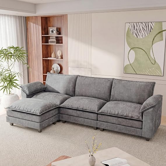 118.9'' L Shaped Sectional Couch, Modular Cloud Sofa with Deep Seat & Double Layer Cushion, Modern Chenille Sofa Couches with Movable Ottoman for Living Room & Appartment (Light Grey, L Shaped Sofa)