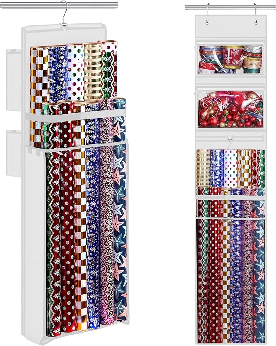 Hanging Wrapping Paper Organizer Storage, Over Door Gift Wrap Roll Holder | 63 x 13 Double-Sided Christmas Wrapping Paper Storage Bag, White Wrapper Station, Present Container for Room Closet, Birthday