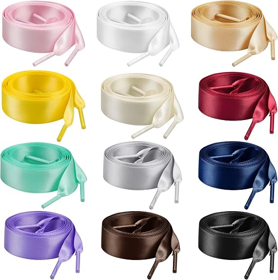 Marrywindix 12 Pairs 47" Flat Satin Ribbon Shoelaces Colorful Silk Shoestrings Wide Shoe Laces for Sneakers Skate Shoes Boots Sport Shoes (12 Colors)