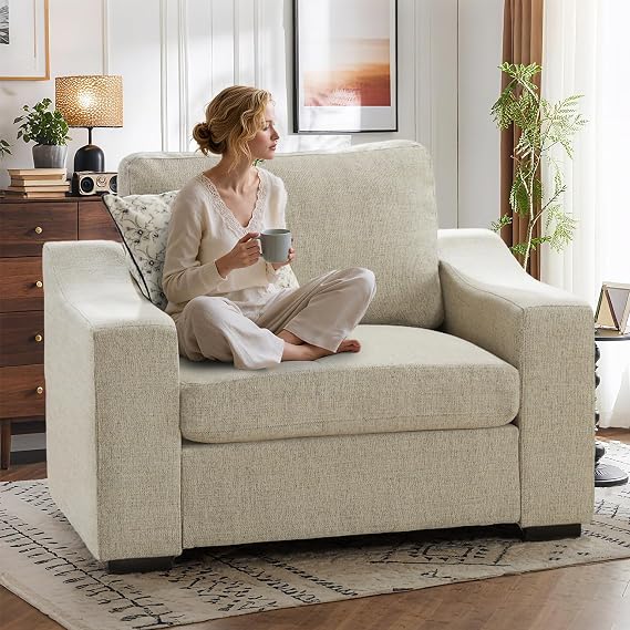 47" W Oversized Accent Chairs Set of 2, Linen Fabric Modern Chair with Deep Seat, Comfy Upholstered Large Armchair Sofa Chair and a Half, Reading Chair for Living Room Bedroom Office,Oatmeal