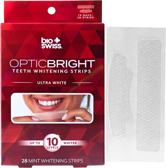 BioSwiss Teeth Whitening Strips, Optic Bright Ultra White Mint Tooth Whitener Strip Set, Pack of 28, Red Box