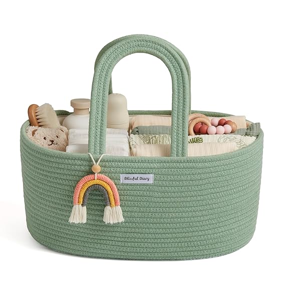 Blissful Diary Baby Diaper Caddy Organizer, Cotton Rope Diaper Caddy Basket, Oval Storage Basket, Gift for Baby Shower, Newborn Essentials, Green