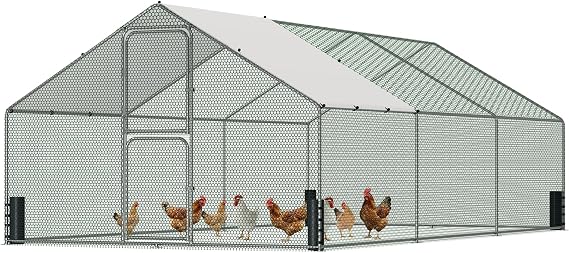 Large Metal Chicken Coop, Chicken Run with Feeding Door, Security Lock and Cover, Outdoor Walk-in Duck/Rabbit Cage Poultry Pen for Backyard, Farm, Yard (Silver - Spire Roof, 19.7 x 9.8 x 6.5 FT)