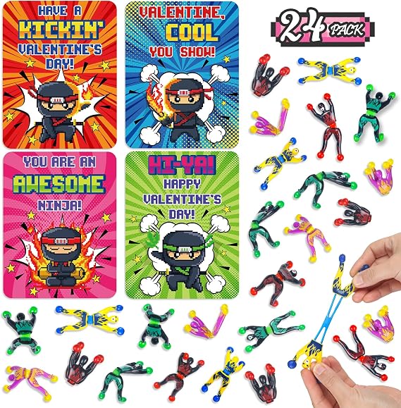 NEUBSAW 28 Packs Valentine's Day Cards with Sticky Wall Climbing Men Ninja Toys for Classroom Exchange, Valentine's Gifts Party Favors for Boys Girls School, Valentine's Prizes for School