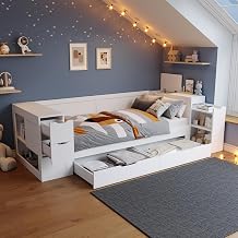 MYBOO 3ft Single Bed Frame with Storage Drawers&Shelves&Bedside Table, Functional Daybed Wooden Platform Bed with Slats, Storage Bed Sofa Beds Guest Beds for Living Room&Bedroom, No Mattress, White