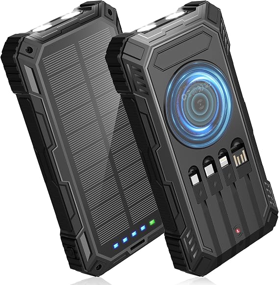 BLASOUL Solar Power Bank,49800mAh Wireless Portable Phone Charger with 4 Built-in Cables,22.5W Fast Charging USB-C in/Output External Battery Pack for iPhone,Android,Perfect for Hiking/Camping