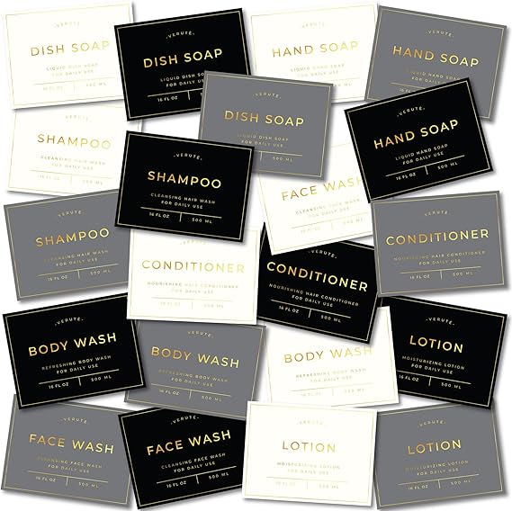 Verute Waterproof Labels for Amber Glass Soap Dispenser and Plastic Bottles 3.15"x2.35" Peel & Stick - Kitchen, Bathroom & Shower Set - 21 Pieces (Gold Set)