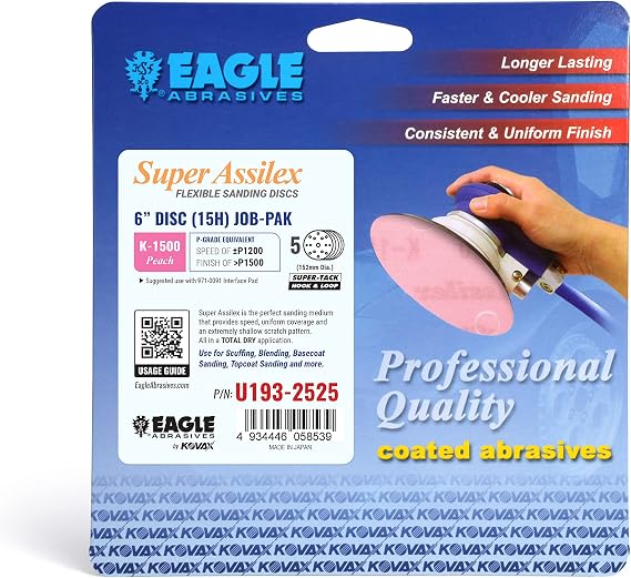Super Assilex Flexible 6 inch Sanding Discs JOB-PAK, PEACH K-1500, 15 Holes, Hook & Loop, U193-2525, 5 Discs