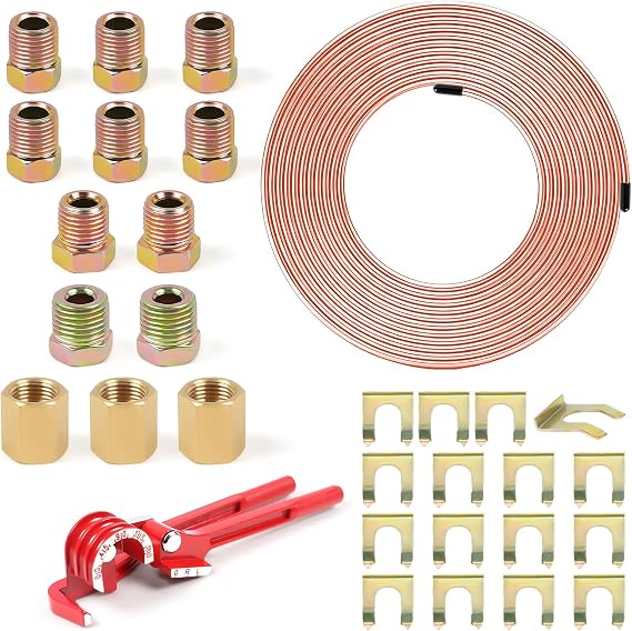 1/4" 25FT Copper Coated Brake Line Kit with Inverted Nuts and Unions, 3 in 1 Tube Bender, Brake Line Clips, Copper Coil Repair Kit for Car Industrial Hydraulic Brake Systems(Gold)