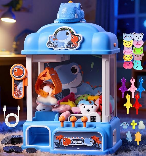 CWLAKON Claw Machine for Kids Boys Dinosaur Toys, Mini Vending Machine with Sound & 20 Mini Toys, Large Candy Grabber Prize Dispenser Electronic Arcade Games, Christmas Birthday Gifts for Boys, Blue