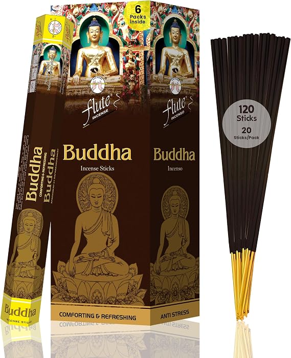 Flute Buddha Premium Incense Sticks Sandalwood Incense for Peace, Mindfulness & Spiritual Calm 20 Sticks/Pack, 6 Packs/Box (9 Inch, 120 Sticks) | 40 Minutes Burn Time