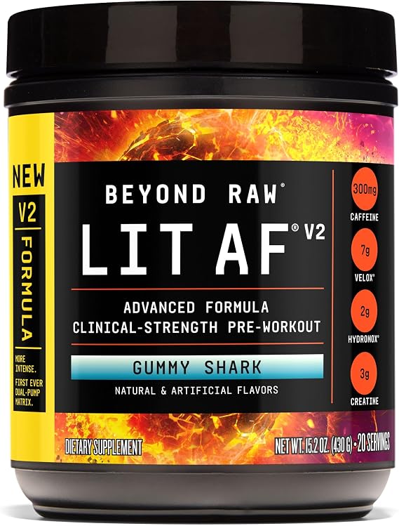 GNC Beyond Raw Lit Af V2 Pre-Workout, Gummy Shark, 20 Servings