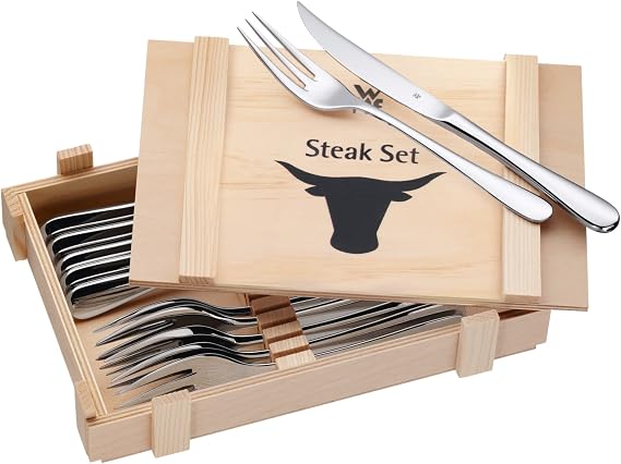 WMF 12 Parça Steak Çatal Bıçak Seti, 6 Kişilik, Steak Bıçağı ve Steak Çatalı, Cromargan® Yüksek Kaliteli Parlak Paslanmaz Çelik, Ahşap Saklama Kutulu