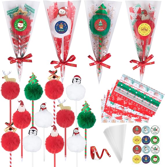 12 Pack Christmas Pens Christmas Party Favors Fluffy Ballpoint Pens with Stickers Treat Bags Xmas Gfits Classroom Supplies Prizes Gifts Decorations