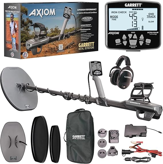 Garrett Axiom - Made in the USA - Pro Gold Metal Detector with 13"x11" DD Coil, 11"x7" Mono Coil, Wireless Headphones, Battery Booster, and Travel Pack