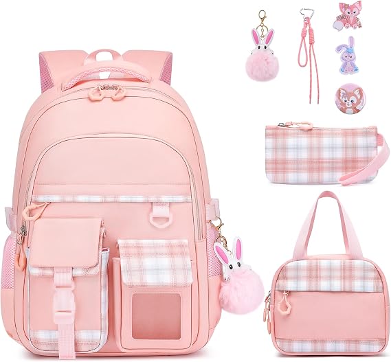 KEBEIXUAN Girls School Bag Sets - Kawaii Personalised Kids Backpack, Water Resistant Rucksack for Primary Middle School, Pink