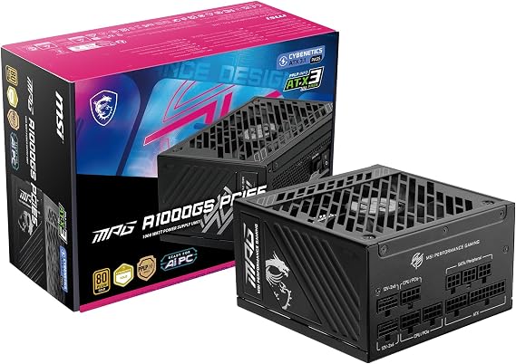 MSI MPG A1000GS PCIE5, Fully Modular Gaming 1000W Power Supply, 80+ Gold, Dual 12V-2x6 Cables, Server-Grade Capacitor, ATX 3.1 & PCIe 5.1 Ready, Low-Noise, Semi Digital,