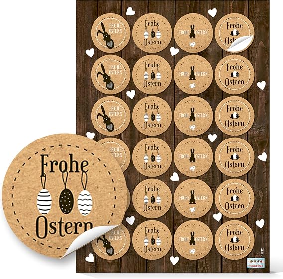 Logbuch-Verlag Round Brown Black White Natural Easter Sticker Easter Bunny with Heart Happy Easter Text Self-Adhesive Labels Easter Sticker