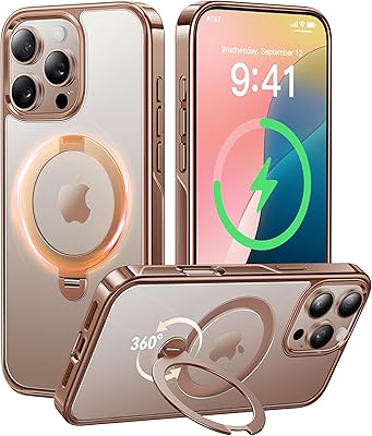 CASEKOO 360 Spin Magnetic Stand for iPhone 16 Pro Max Case Desert Titanium [Compatible with Magsafe][16FT Military Protection] Slim Hand-Polished Frame Titanium Alloy Sturdy Stand 6.9, Rose Gold