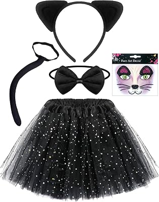 Hikkcos 5Pcs Black Cat Costume for Kids Girls Kitty Cat Noir Costumes Ears and Tail Halloween Party Animals Cosplay