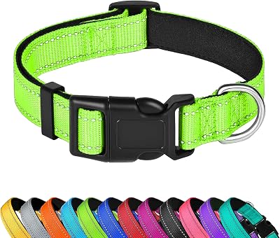Reflective Dog Collar, Adjustable Soft Neoprene Padded Nylon Pet Collars with Buckle for Medium Dogs, Green,M