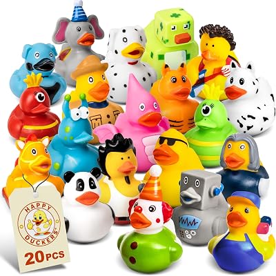 Happy Duckers Rubber Ducks - 20 Piece Bulk Pack for Bath, Pool, Party, Cruise, Jeep Ducking, Decoration & More - Small Assorted Funny Toy Duckies
